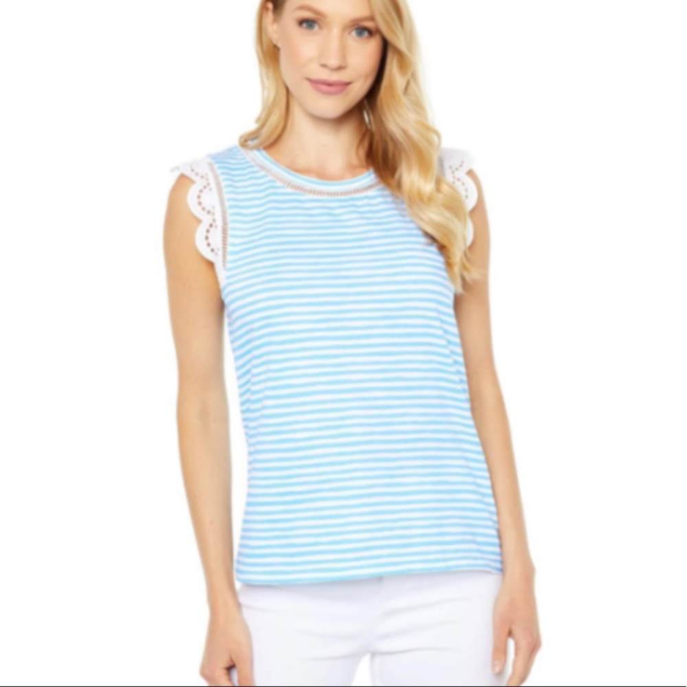 Lilly Pulitzer Agree Top in Zanzibar Blue Beach Happy Stripe